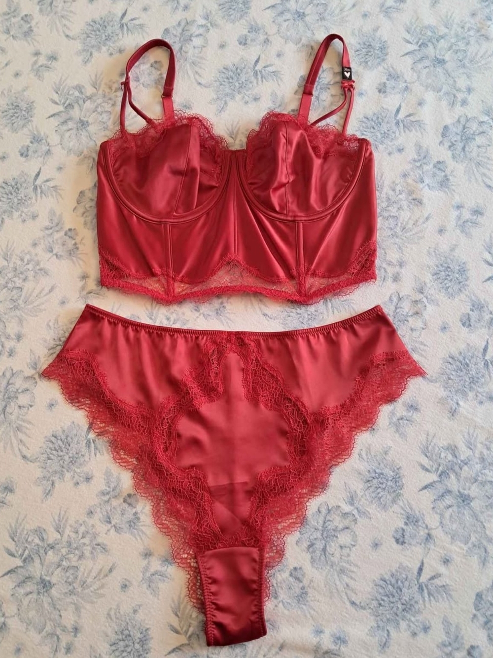 NEW Victoria's Secret Red Satin Lace Bustier Bra Top 36D & Brazilian Panty Large